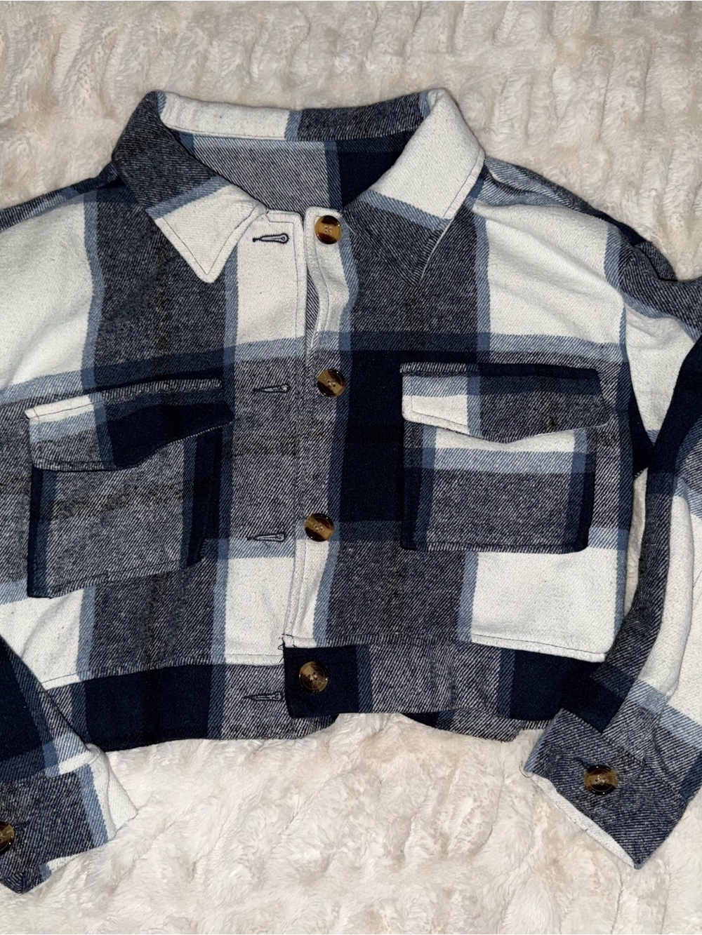 SHEIN Navy Blue & White Plaid Crop Shacket